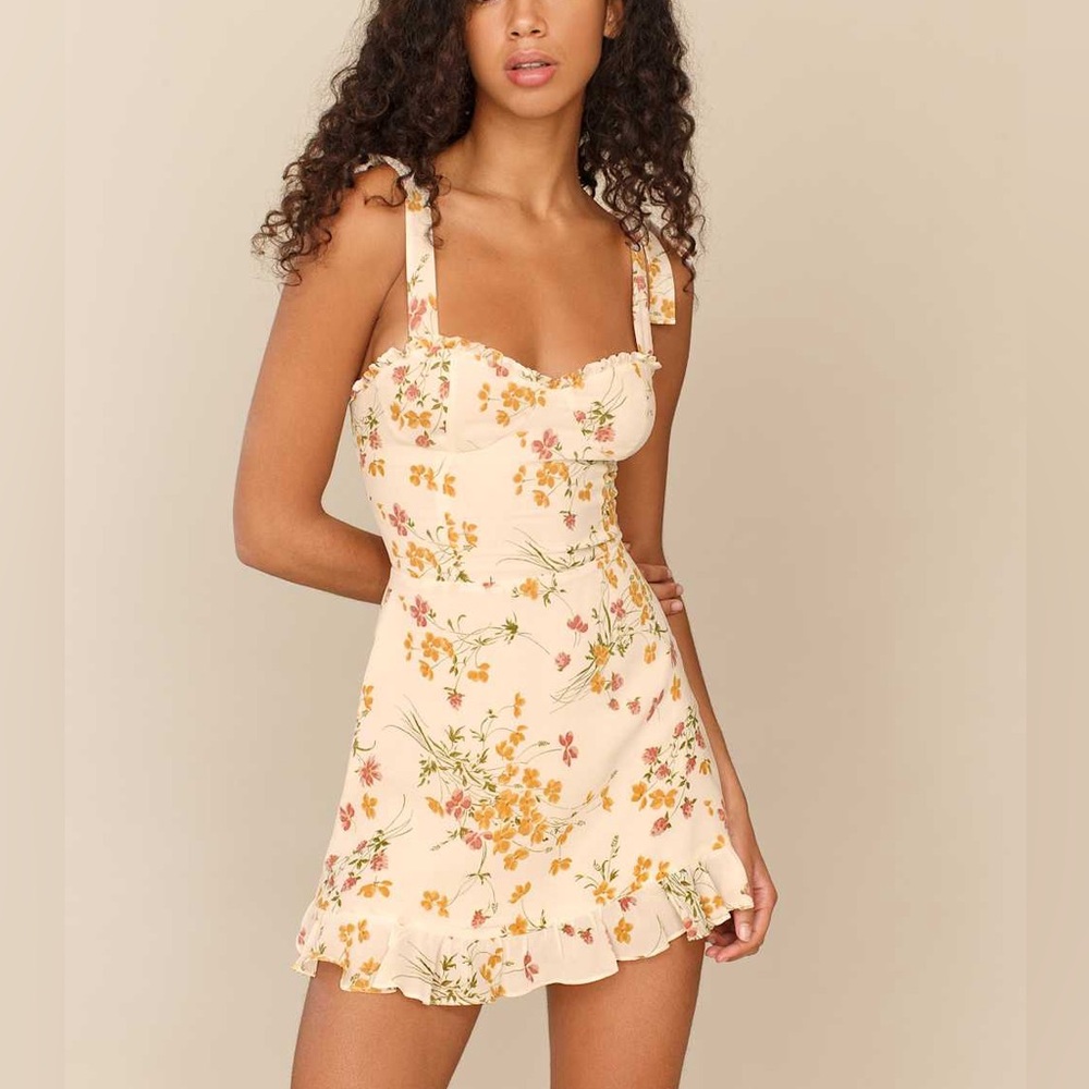 Reformation Cream Floral Mini Dress with Yellow & Pink Blooms
